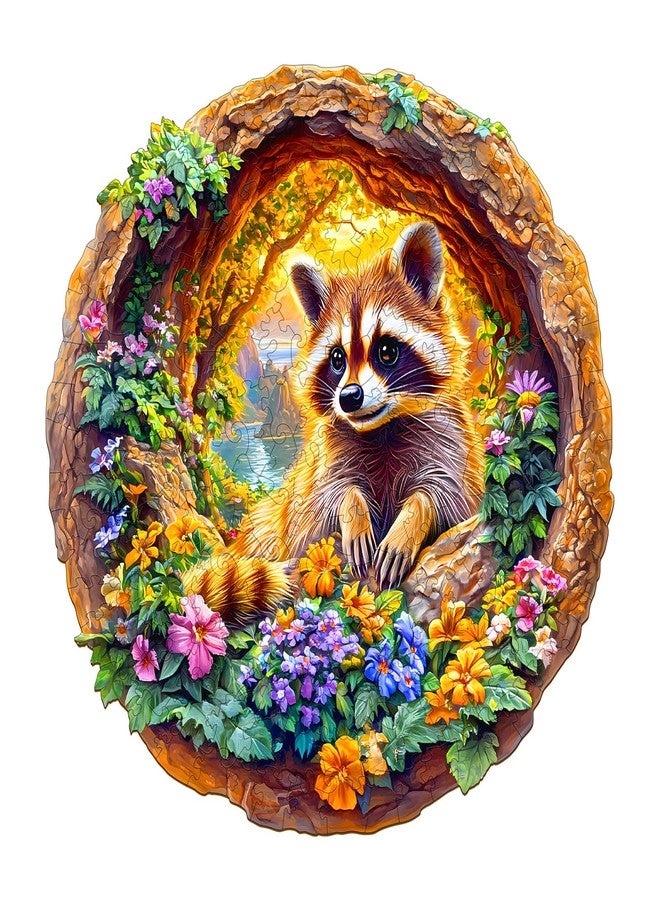 DOCRAGI Wooden Puzzles for Adults - Raccoon on Vacation Wooden Jigsaw Puzzle - Unique Animal Shaped Wood Puzzles Adult - Christmas Birthday Gifts for Adults/Friends/Family - 100pcs 8.5 * 8.4in - Image 1